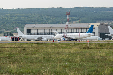 Airplanes ready to fly at the big airport.