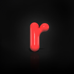 Glossy red paint  letter R lowercase of bubble isolated on black background, 3d rendering illustration