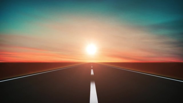 Road Travel Background In The Sunset Loop/ 4k animation of a road with two lanes in the sunset with lens flare, loopable