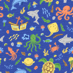 Nautical seamless pattern for kids. Cartoon childish characters. Template for fabric, wallpaper. Pront for kid's clothes. Vector illustration