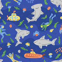 Under the sea seamless pattern. Repeated texture with sea cartoon characters. Hand-drawn childish illustration.