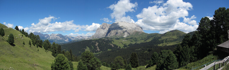 Panoramic mountain view of the italian Dolomites at summer . South Tyrol , Bolzano , Italy