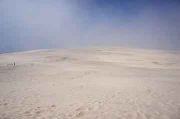 Foggy weather in sandy desert.