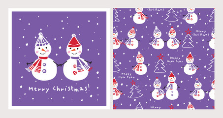 Set of Christmas cards and seamless patterns with cute snowmen. Background for gift wrap, textile, wallpapers and scrapbook. Happy New Year 2019. Doodles, sketch for your design. Vector.