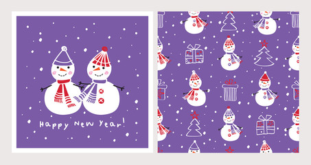 Set of Christmas cards and seamless patterns with cute snowmen. Background for gift wrap, textile, wallpapers and scrapbook. Happy New Year 2019. Doodles, sketch for your design. Vector.