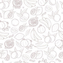Background, wallpaper, seamless. Lemon, pomegranate, banana, peach. Sketch doodle. On a white background.