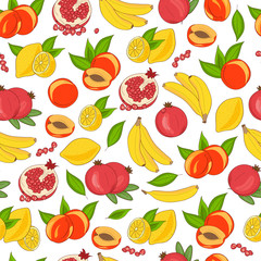 Background, wallpaper, seamless. Fruit. Banana, pomegranate, lemon and peach. Sketch. 