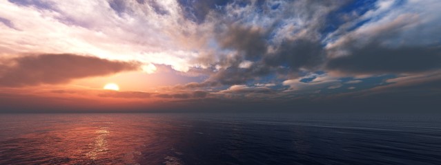 Dramatic sea sunset, the panorama of a beautiful sunset over the sea among the clouds,
