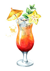 Cocktail with decor. Watercolor hand drawn illustration  isolated on white background
