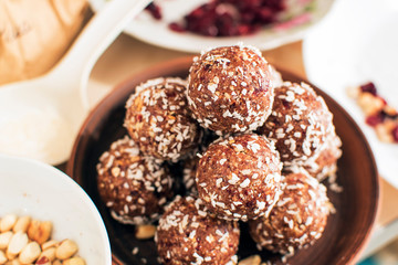 Oat balls, oat dates energy balls, selective focus