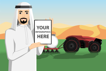 Arab farmer with a tablet computer controls autonomous tractor. White screen, you can add your infographic here.