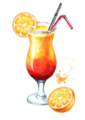 Tequila sunrise cocktail with orange fuit. Watercolor hand drawn illustration,  isolated on white background
