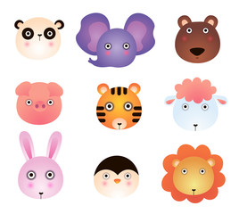 Cute cartoon animals, panda, elephant, bear, toy, tiger, lamb, lion, bunny. Cartoon zoo of cute animals.