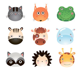 Cute cartoon animals, cat, fox, frog, giraffe, cow, hippo, zebra, raccoon. Cartoon zoo of cute animals.