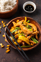 Kung Pao chicken, stir-fried Chinese sichuan traditional sichuan  dish with chicken, peanuts,...