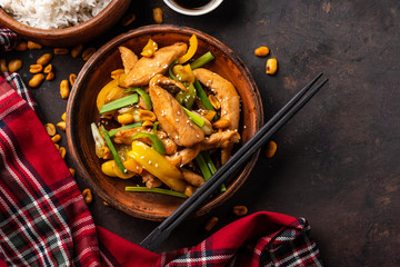 Kung Pao chicken, stir-fried Chinese sichuan traditional sichuan  dish with chicken, peanuts,...