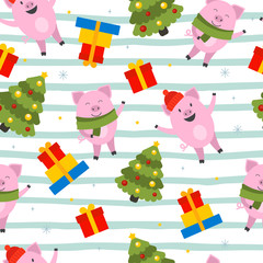 New year pattern with symbol of 2019 year - pig wiht christmas tree and gift. Vector illustration in cartoon style for kids, decoration, design, wrapping paper.