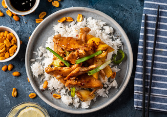 Kung Pao chicken, stir-fried Chinese sichuan traditional sichuan  dish with chicken, peanuts,...