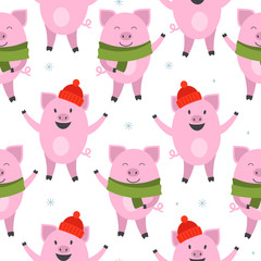 New year pattern with symbol of 2019 year - pig wiht scarf hat. Vector illustration in cartoon style for kids, decoration, design, wrapping paper.