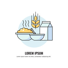 Vector illustration of porridge with milk in a plate. healthy organic breakfast in deep bowl. Hot Cereal with bouwls, spoon, gable top package with flat style illustration of a healthy food.
