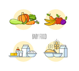 Baby food set vegetables, fruits, milk products, porridge. Organic food for babies. Healthy meal for children. Cartoon set with isolated fruits, vegetables, meat, milk. Kid s menu infographic