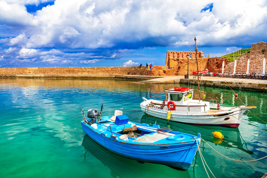 Fototapeta Travel in Crete island - old port of Chania. Greece