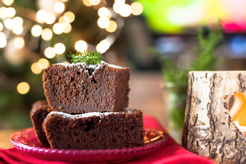 Chocolate Christmas cake for homemade breakfast. Food for the holiday. Free space for text.