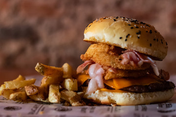 Meat Burger with Onion Rings and Bacon