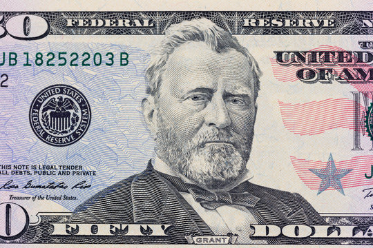 Ulysses S. Grant on the 50 dollars bill macro photo. United States of America currency detail.