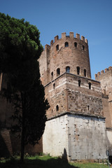 One of the towers on the gatehouse of the Museo della Mura, at the start of the Via Appia Antica, in Rome, Italy