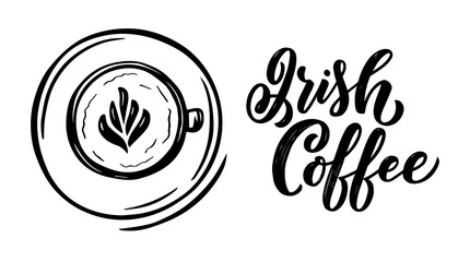 Hand lettering name of coffee with sketch for coffee shop or cafe. Hand drawn vintage typography phrase, isolated on white background