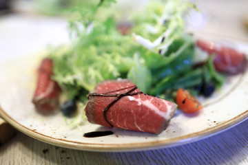 Marbled beef salad in restaurant