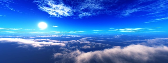 Over the clouds, panorama of the sunset in the clouds, 3D rendering