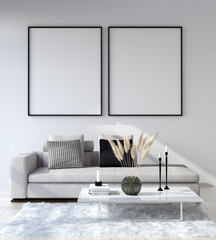 Mock up poster frame in home interior background, Modern style living room, 3D render - obrazy, fototapety, plakaty