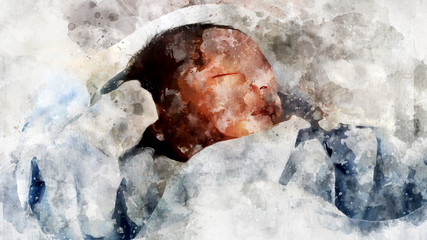 Digitaly created watercolour picture of sleeping newborn