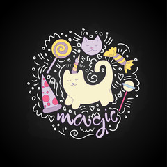 Magical cat vector cartoon fun illustration among curved lines and lollipops, sweets, pizza. Unicorn cat with horn and decorative elements, isolated on black. Magical animals - cat, unicorn