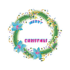 Christmas wreath with branches of spruce, holly and confetti. For greeting cards, posters, flyers, ads, Christmas greetings, invitations.