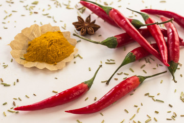 Chilli pods, star anise, rosemary and turmeric on white background