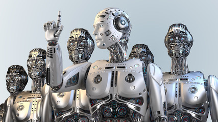 Futuristic robot army or group of cyborgs standing with their leader pointing his finger towards the sky. Isolated 3D Render