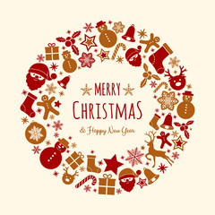 Christmas card in retro style with festive elements. Vector.