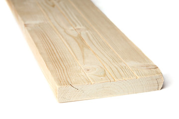 Larch wood plank board isolated on white background. Wood plank close up view.