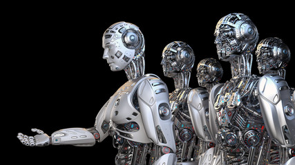 Group of robots or army of cyborgs offering a helping hand or asking for help. Isolated on black background. 3D Render.