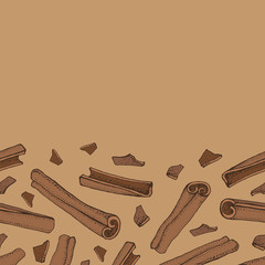 Cinnamon sticks seamless pattern. Vector drawing of aromatic spices set. Seasonal food illustration on brown background. Hand drawn doodles of spice and flavor. Cooking and mulled wine ingredient