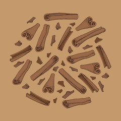 Cinnamon sticks. Vector drawing of aromatic spices set. Seasonal food illustration on brown background. Hand drawn doodles of spice and flavor. Cooking and mulled wine ingredient
