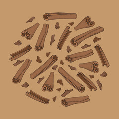 Fototapeta premium Cinnamon sticks. Vector drawing of aromatic spices set. Seasonal food illustration on brown background. Hand drawn doodles of spice and flavor. Cooking and mulled wine ingredient