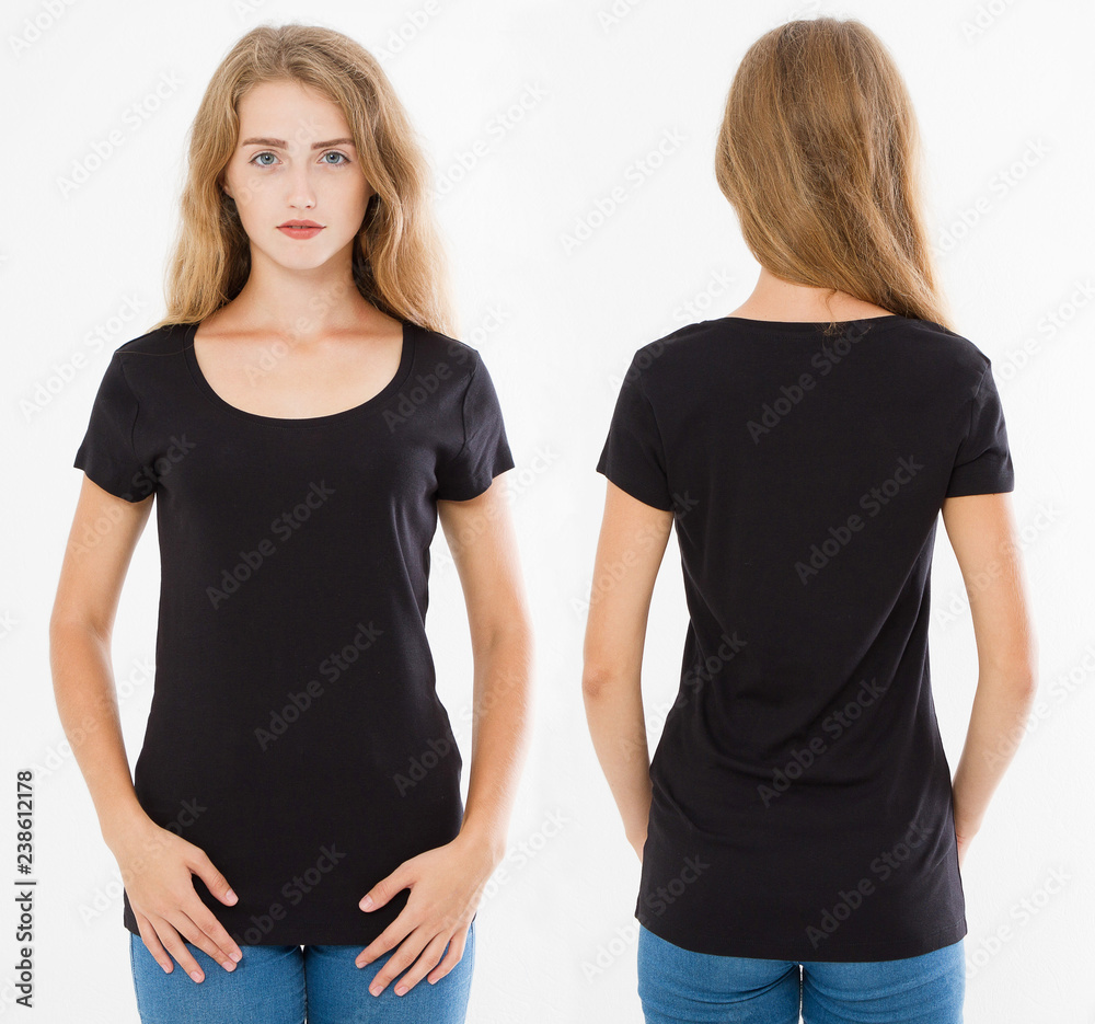 Wall mural black tshirt blank set, woman in t-shirt isolated on white background, girl shirt