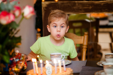 Beautiful adorable six year old boy in green shirt, celebrating his birthday, blowing candles on homemade baked cake, indoor