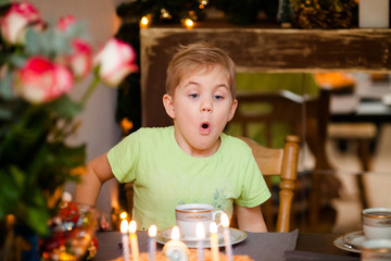 Beautiful adorable six year old boy in green shirt, celebrating his birthday, blowing candles on homemade baked cake, indoor