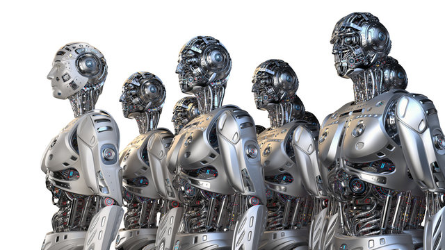Futuristic robot army or group of very detailed cyborgs. Isolated on white background. 3D Illustration.