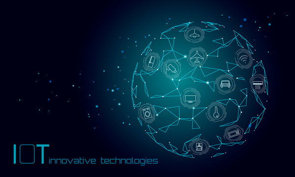 Blue space planet Earth internet of things icon innovation technology concept. Wireless communication network IOT ICT. Intelligent system automation modern AI computer online vector illustration